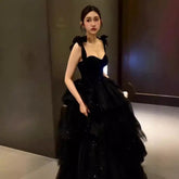 prom dresses Black Evening Dress for Women Adult Ceremony Graduation Light Luxury Niche French Style Long Strap Pettiskirt